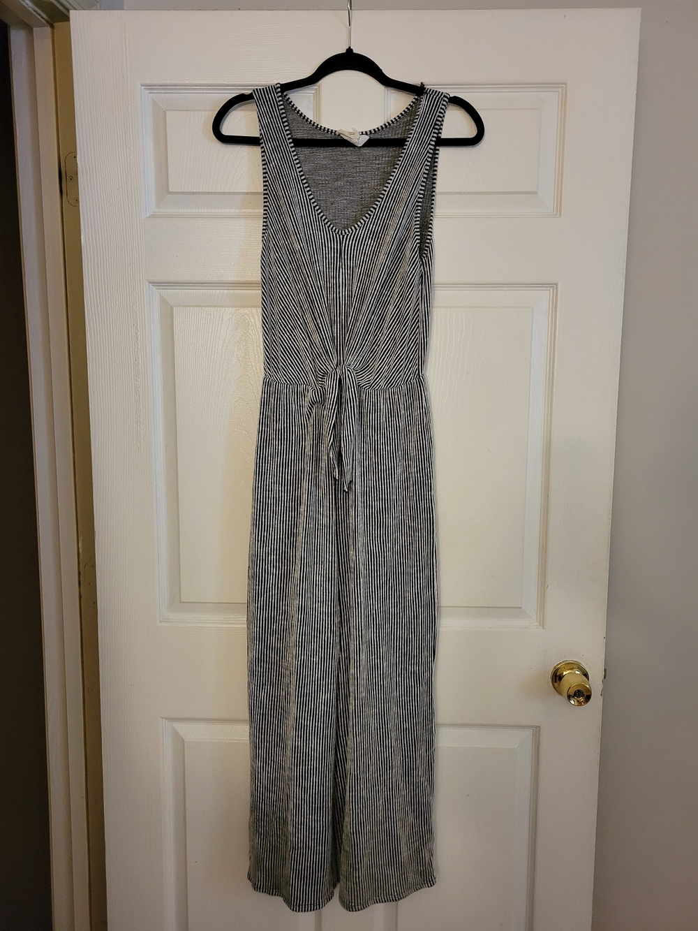 Sleeveless Black & White Striped Jumpsuit with Tie Waist
